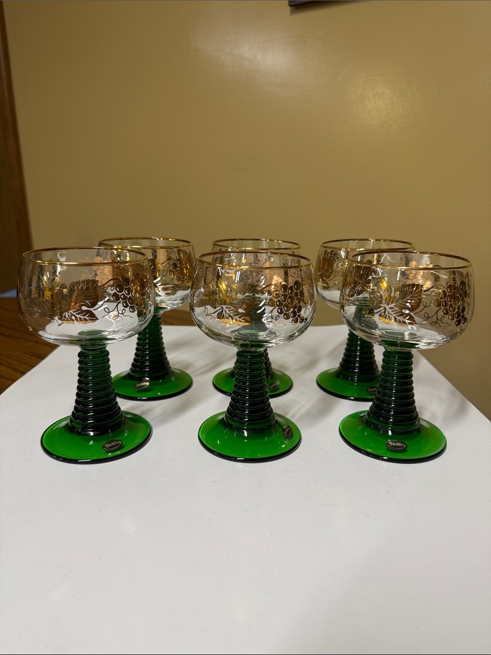 Bockling Roemer Goblet Wine Glasses Beehive Green Stem Germany Set of 6